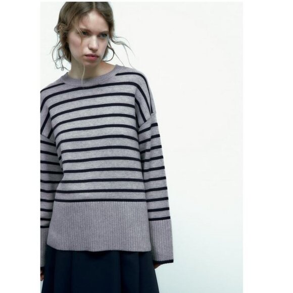 Zara Women’s Striped Knit Sweater in Gray and Black Size M - Picture 1 of 14